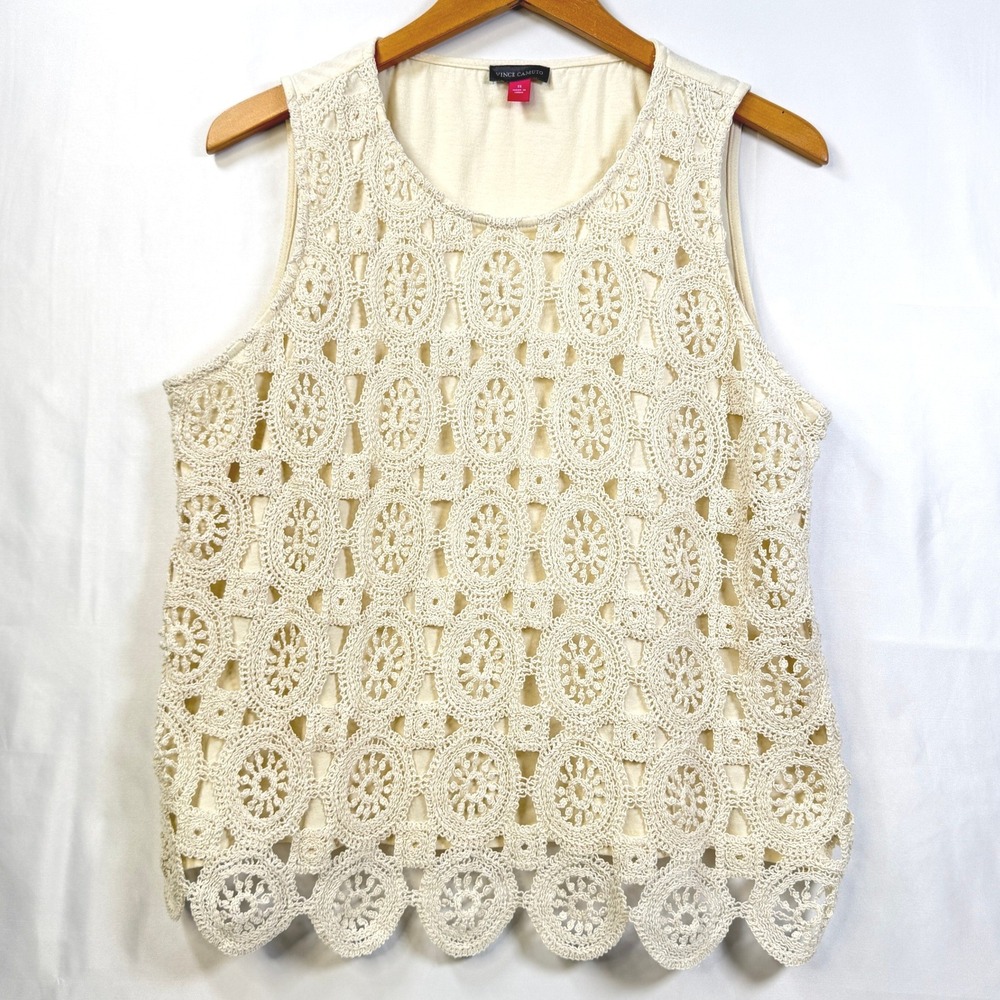 Vince Camuto Crochet Lace Shell Top Ivory Medallion Scalloped Sleeveless Size 1X